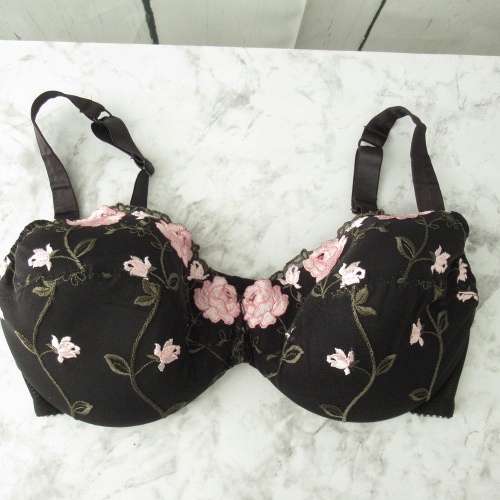 Olga Bra 36DD Black Pink Floral Embroidered 35166